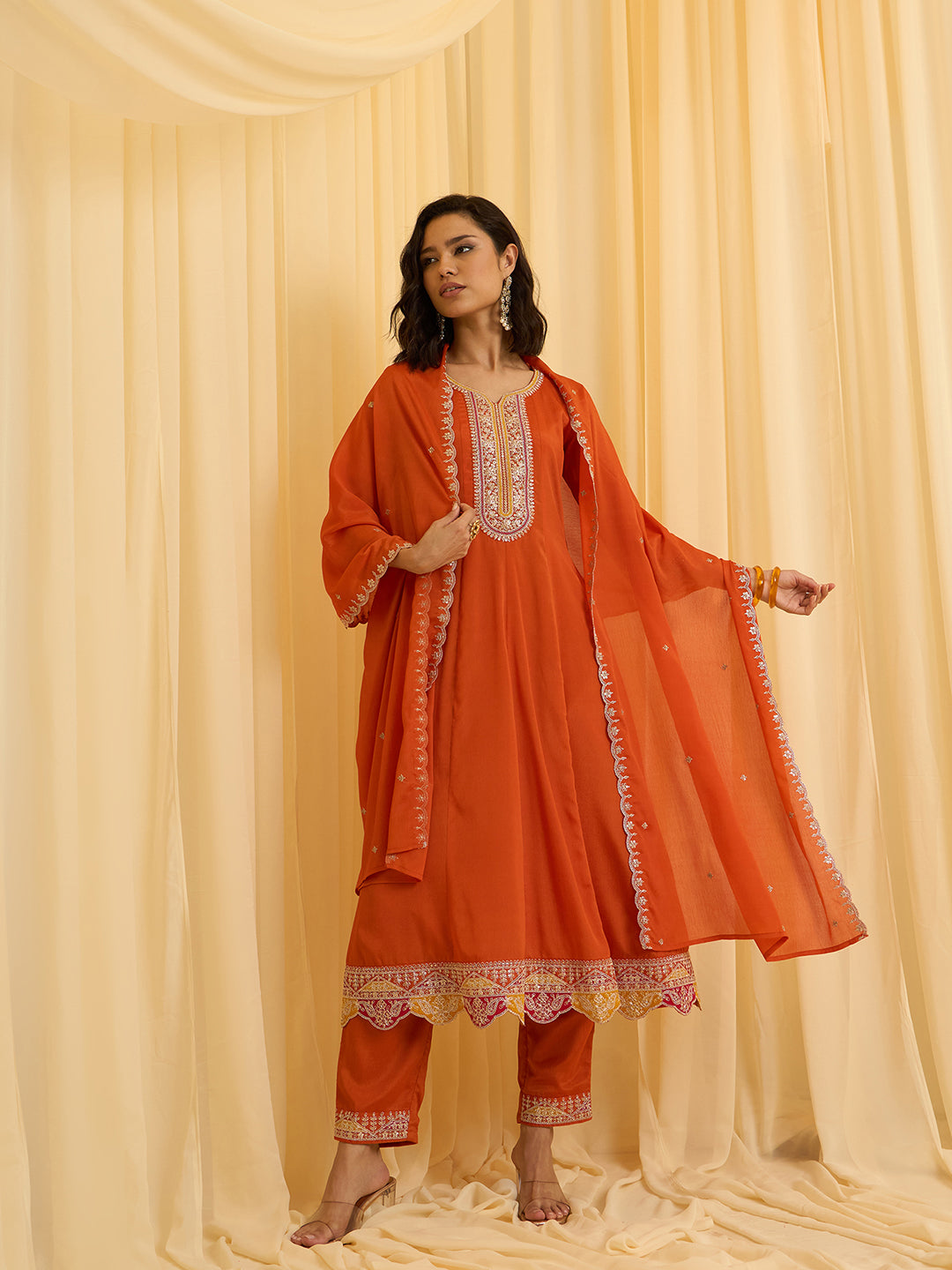 Orange Chinon Zari Sequence Thread Embroidered Kurta with Pant and Dupatta