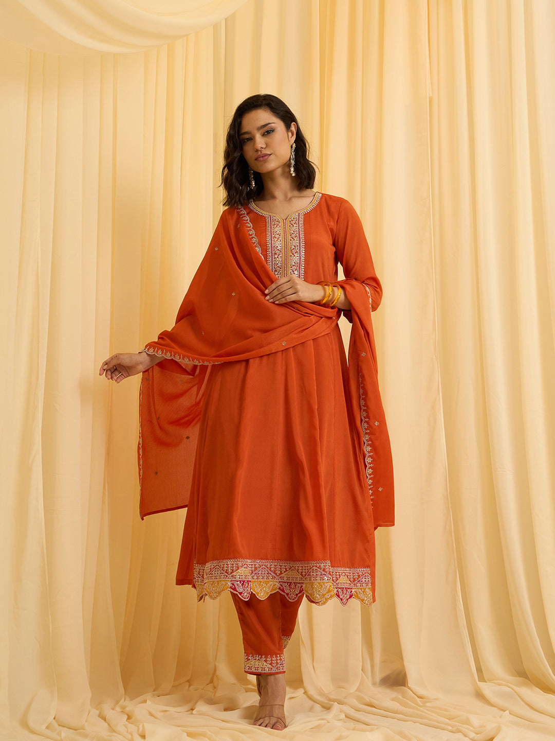 Orange Embroidered Kurta Set with Dupatta