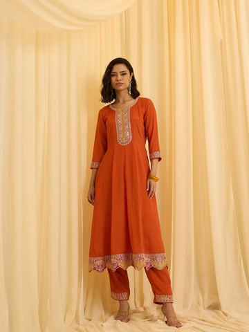 Orange Embroidered Kurta Set with Dupatta