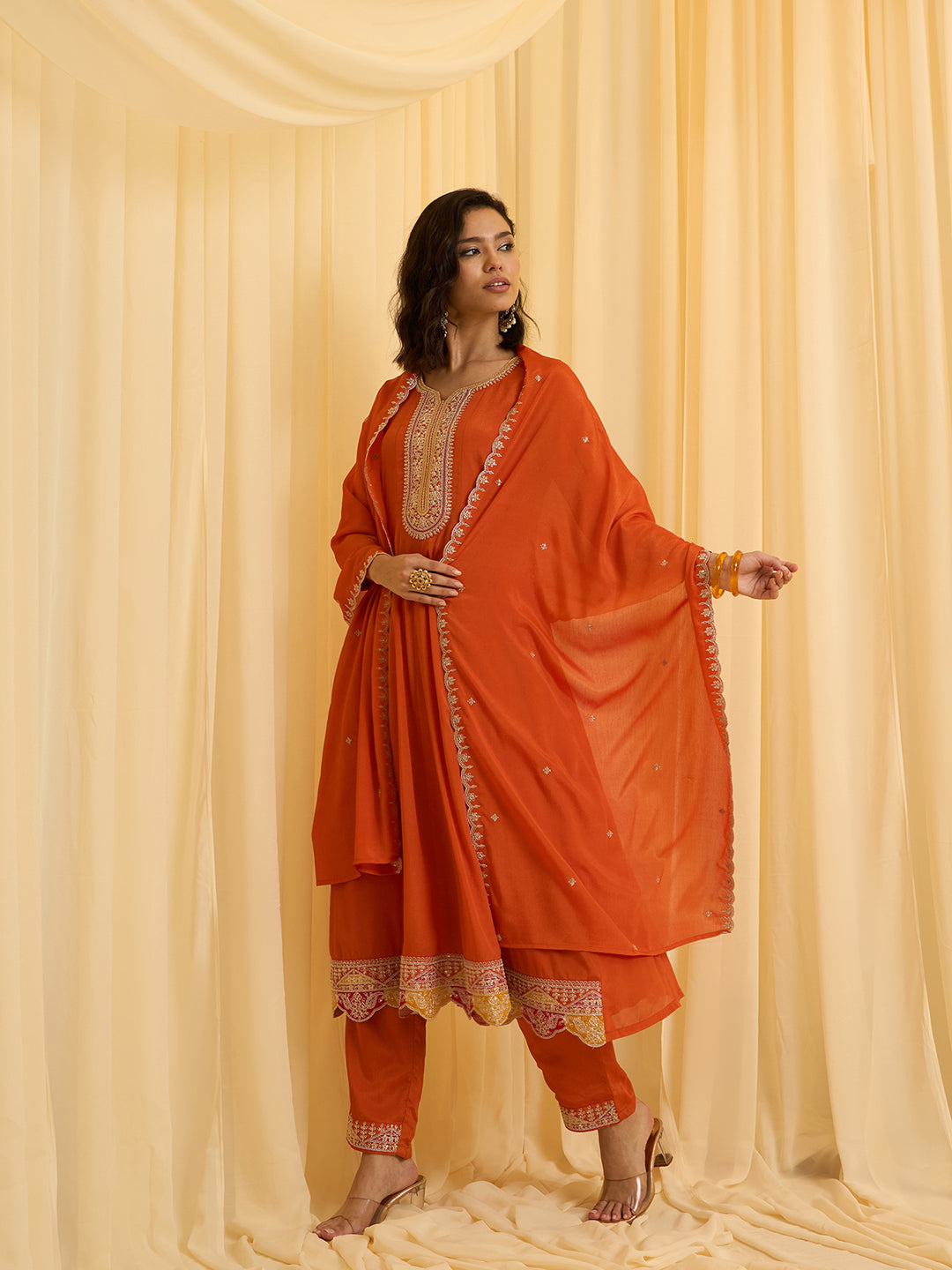 Orange Embroidered Kurta Set with Dupatta