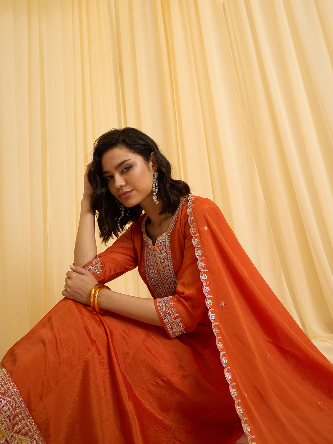 Orange Chinon Zari Sequence Thread Embroidered Kurta with Pant and Dupatta