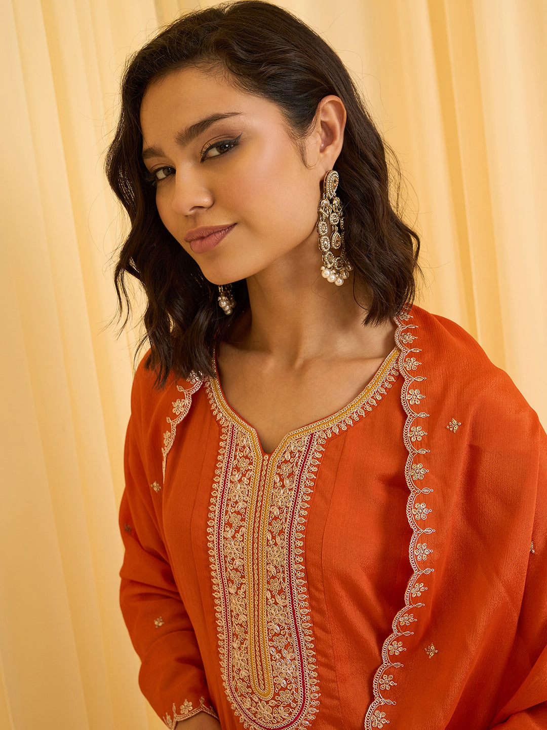 Orange Embroidered Kurta Set with Dupatta