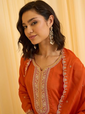 Orange Chinon Zari Sequence Thread Embroidered Kurta with Pant and Dupatta