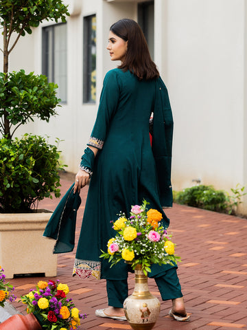 Green Chinon Zari Sequence Thread Embroidered Kurta with Pant and Dupatta