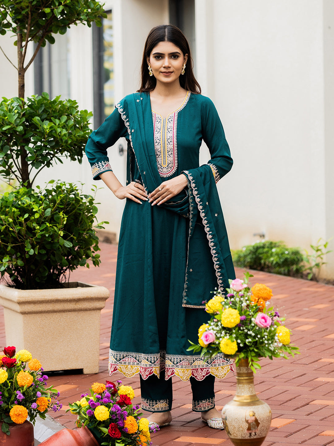 Green Chinon Zari Sequence Thread Embroidered Kurta with Pant and Dupatta