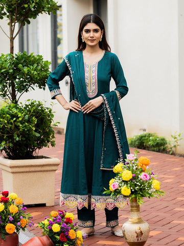 Teal Green Embroidered Kurta Set with Dupatta