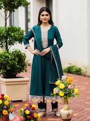 Green Chinon Zari Sequence Thread Embroidered Kurta with Pant and Dupatta