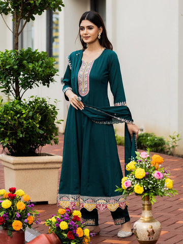 Teal Green Embroidered Kurta Set with Dupatta
