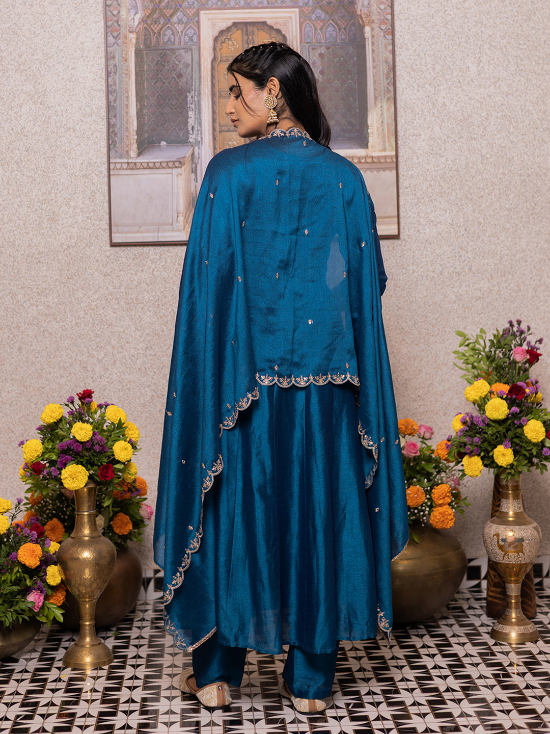 Teal Blue Chinon Zari Sequence Thread Embroidered Kurta with Pant and Dupatta