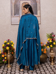 Teal Blue Chinon Zari Sequence Thread Embroidered Kurta with Pant and Dupatta