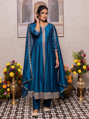 Teal Blue Embroidered Slit Kurta Set with Pants