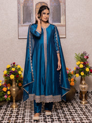 Teal Blue Chinon Zari Sequence Thread Embroidered Kurta with Pant and Dupatta
