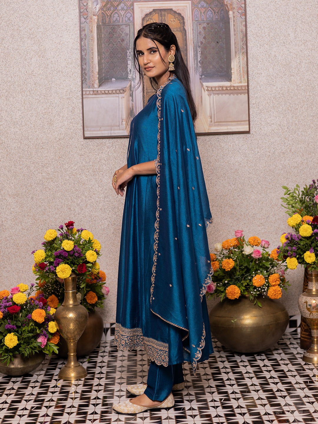 Teal Blue Chinon Zari Sequence Thread Embroidered Kurta with Pant and Dupatta