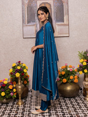 Teal Blue Embroidered Slit Kurta Set with Pants