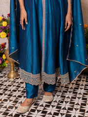 Teal Blue Embroidered Slit Kurta Set with Pants