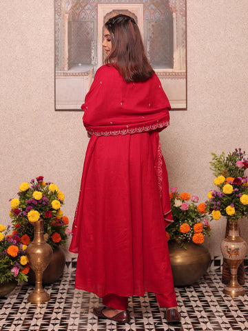 Red Chinon Zari Sequence Thread Embroidered Kurta with Pant and Dupatta
