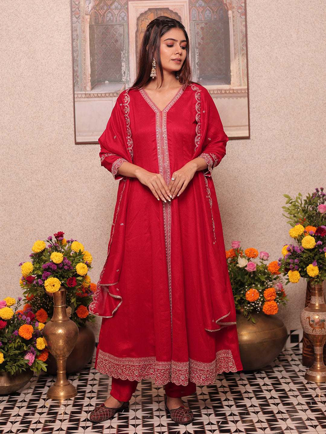 Red Chinon Zari Sequence Thread Embroidered Kurta with Pant and Dupatta