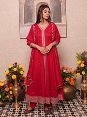 Red Embroidered Slit Kurta Set with Pants