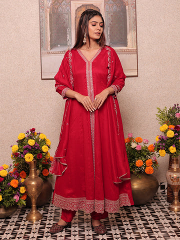 Red Chinon Zari Sequence Thread Embroidered Kurta with Pant and Dupatta
