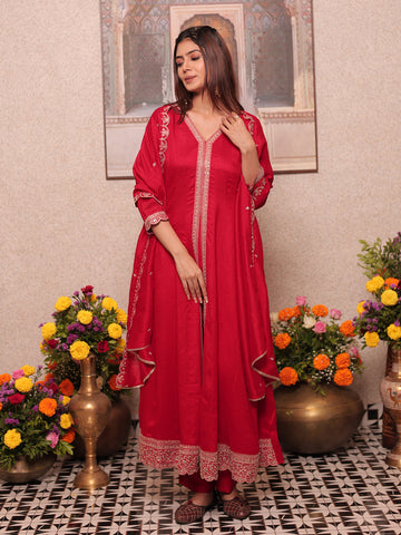 Red Chinon Zari Sequence Thread Embroidered Kurta with Pant and Dupatta