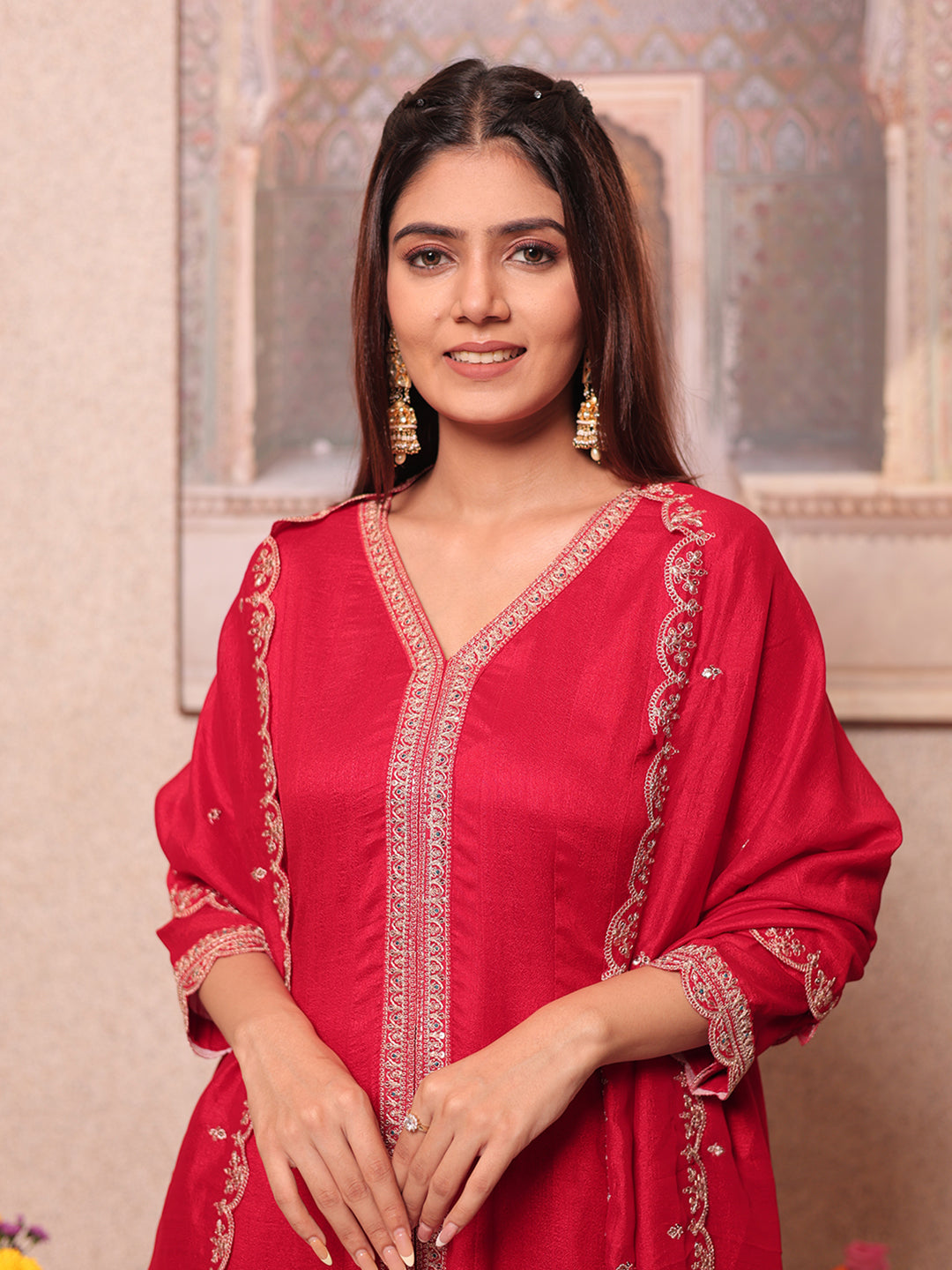 Red Chinon Zari Sequence Thread Embroidered Kurta with Pant and Dupatta