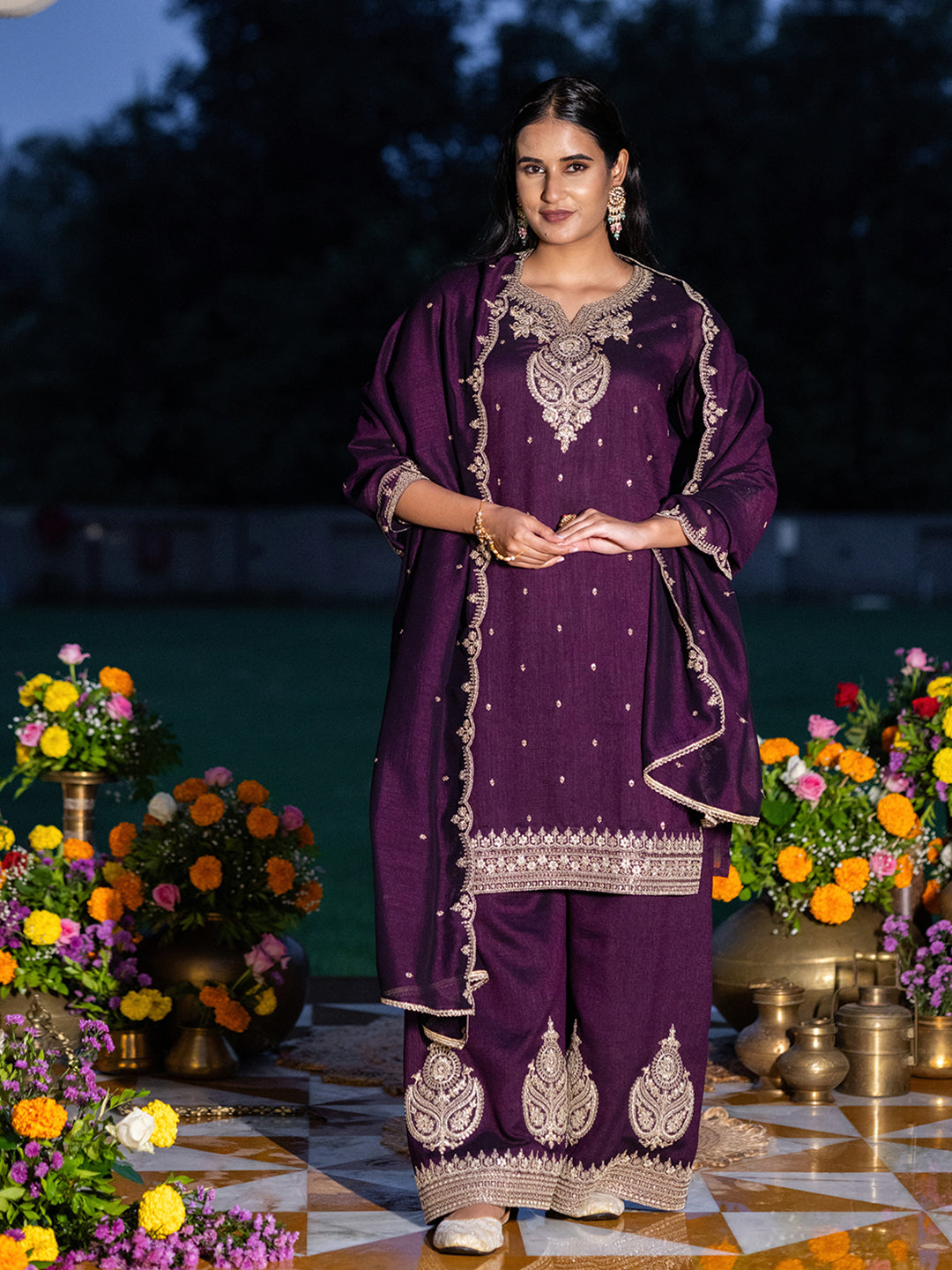Wine Chinon Zari Embroidered Kurta with Palazzo and Dupatta Set