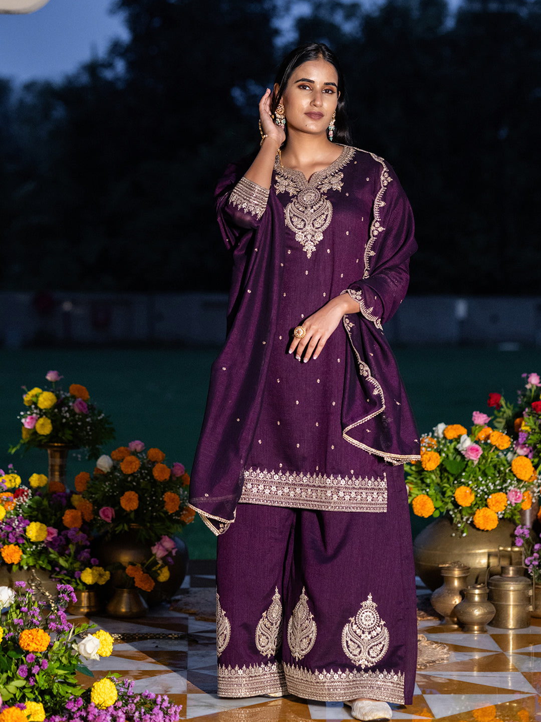 Wine Chinon Zari Embroidered Kurta with Palazzo and Dupatta Set
