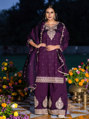 Wine Chinon Zari Embroidered Kurta with Palazzo and Dupatta Set