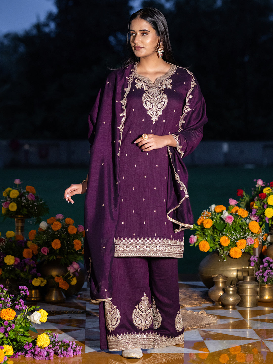 Wine Chinon Zari Embroidered Kurta with Palazzo and Dupatta Set