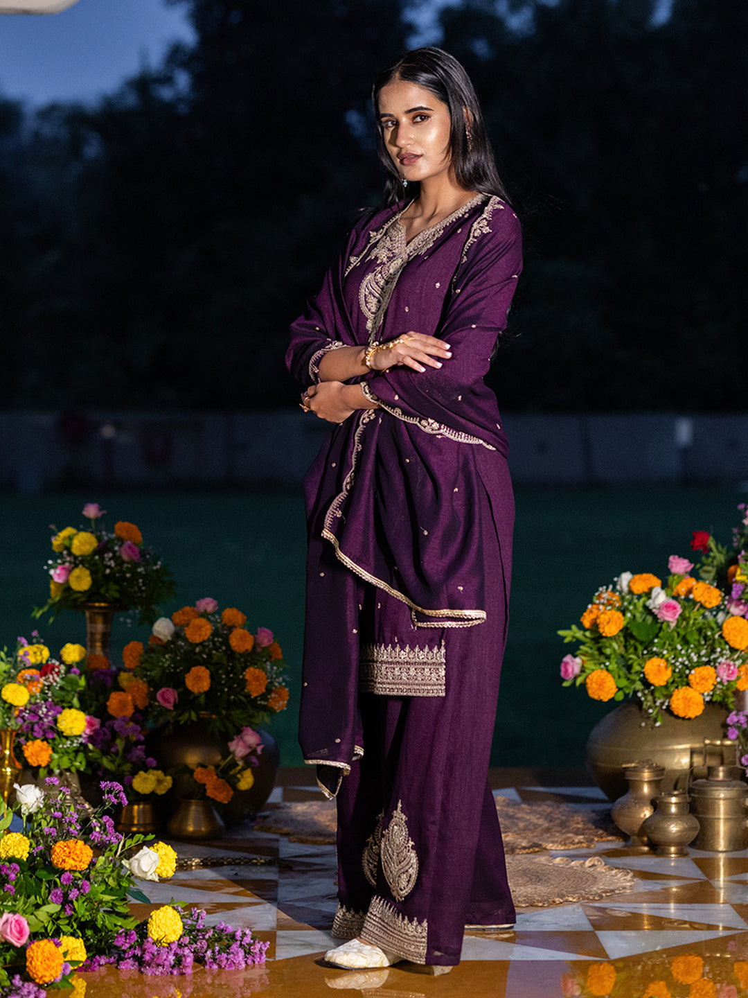 Wine Chinon Zari Embroidered Kurta with Palazzo and Dupatta Set