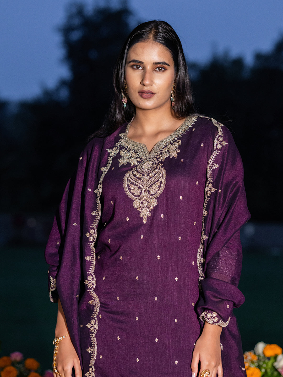 Wine Chinon Zari Embroidered Kurta with Palazzo and Dupatta Set