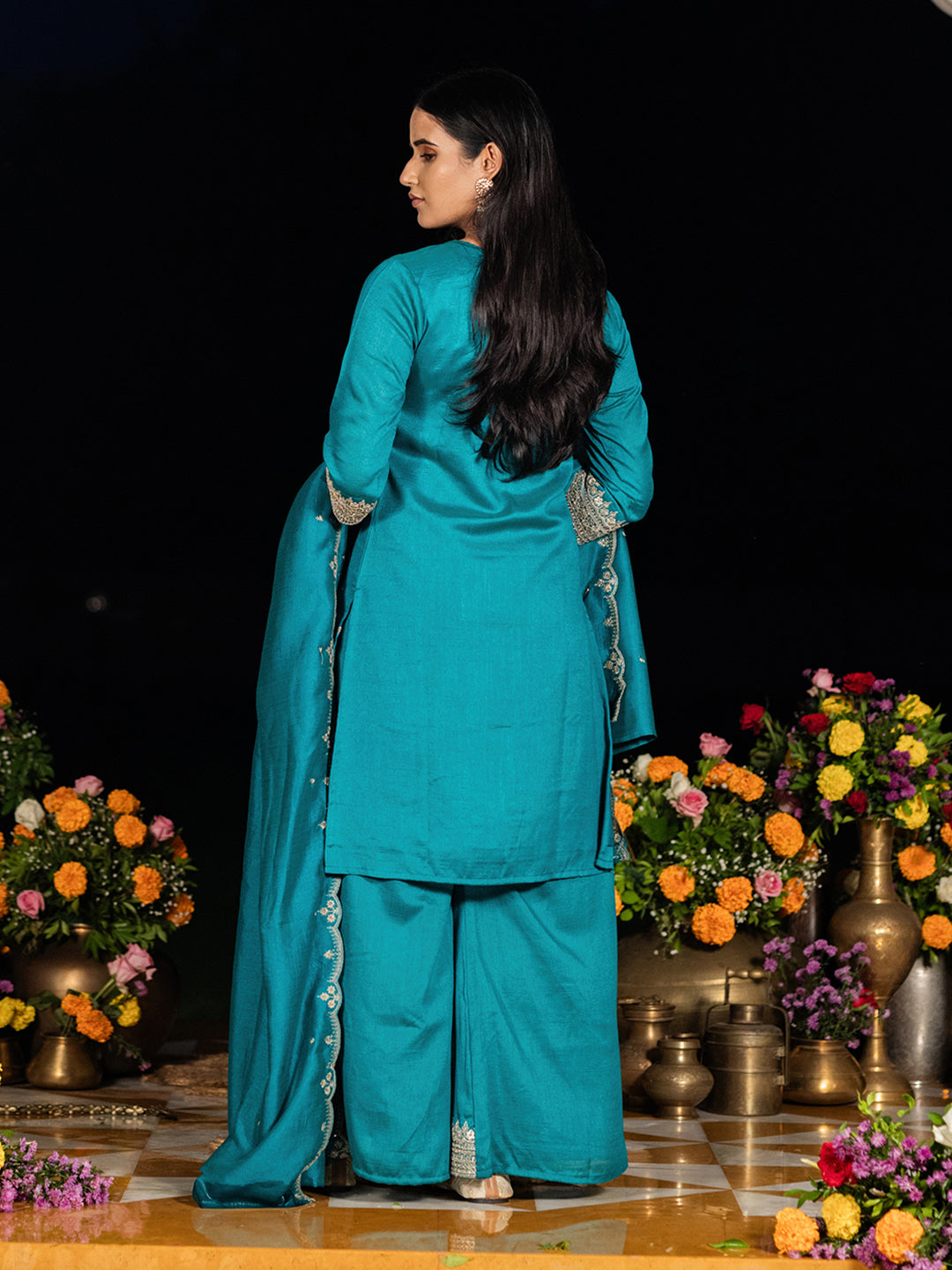 Teal Blue Chinon Zari Embroidered Kurta with Palazzo and Dupatta Set