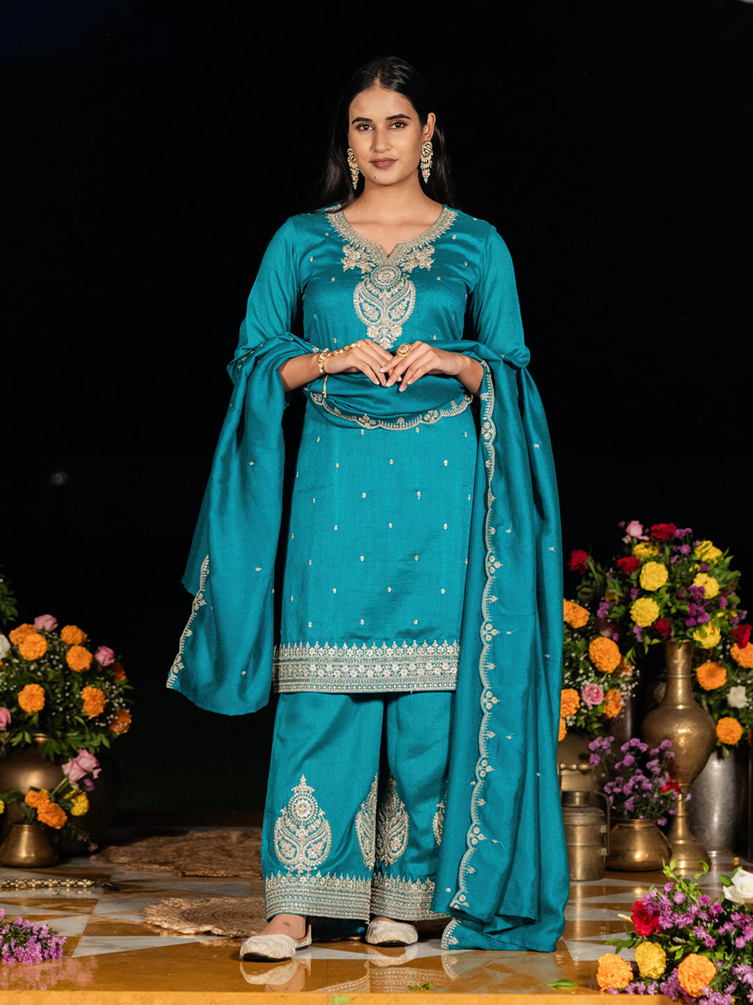 Teal Blue Chinon Zari Embroidered Kurta with Palazzo and Dupatta Set