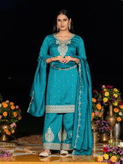 Teal Blue Chinon Zari Embroidered Kurta with Palazzo and Dupatta Set