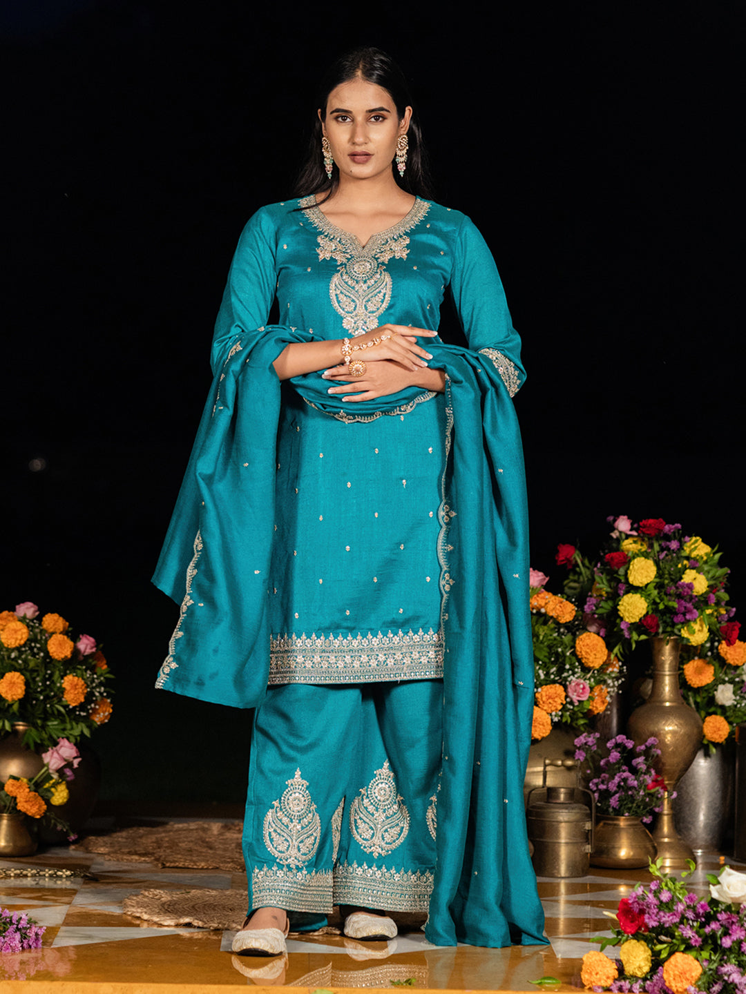 Teal Blue Chinon Zari Embroidered Kurta with Palazzo and Dupatta Set