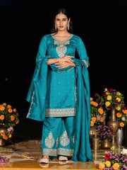 Teal Blue Chinon Zari Embroidered Kurta with Palazzo and Dupatta Set