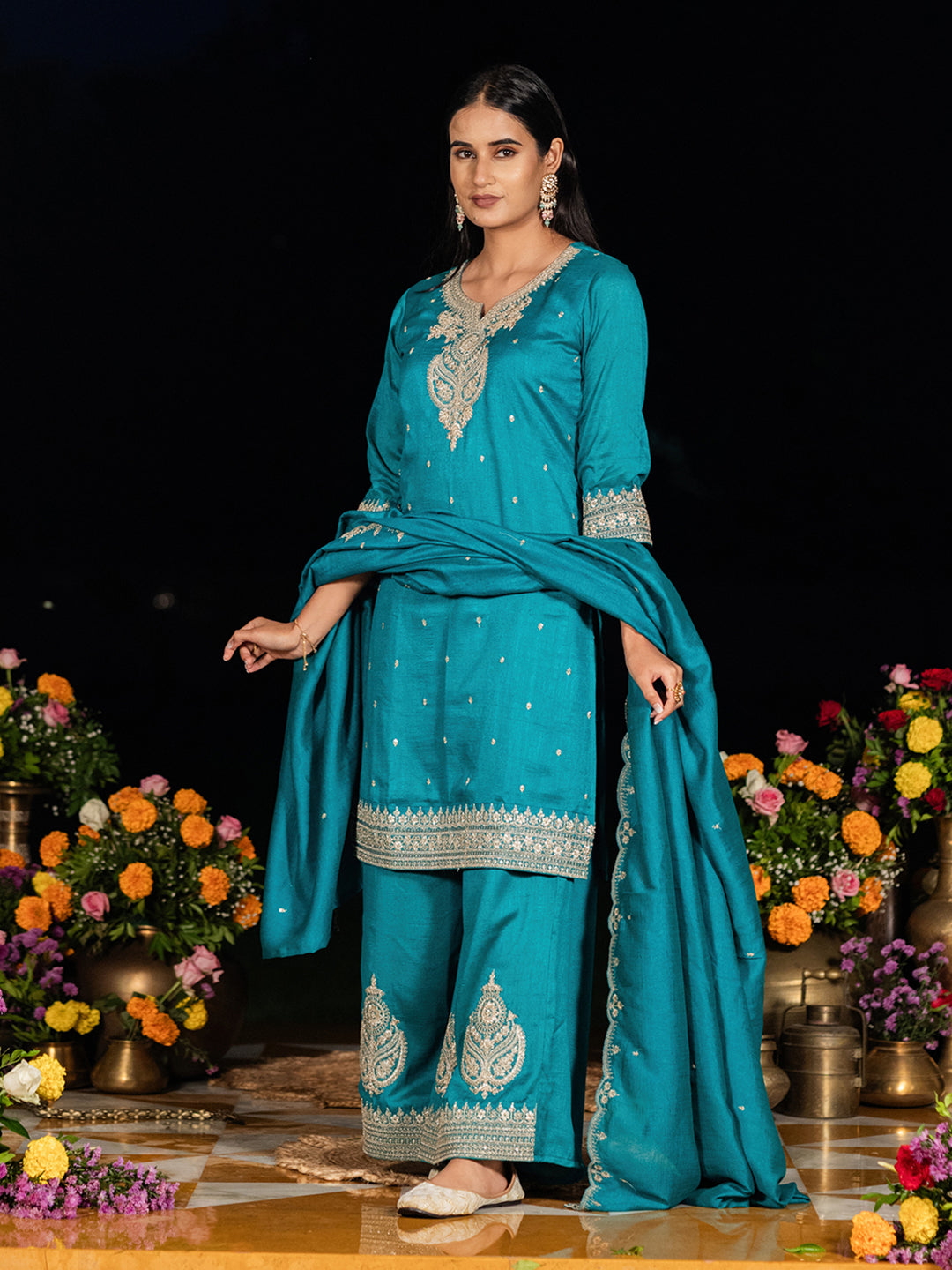 Teal Blue Chinon Zari Embroidered Kurta with Palazzo and Dupatta Set