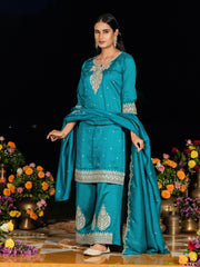 Teal Blue Chinon Zari Embroidered Kurta with Palazzo and Dupatta Set