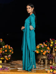 Teal Blue Chinon Zari Embroidered Kurta with Palazzo and Dupatta Set