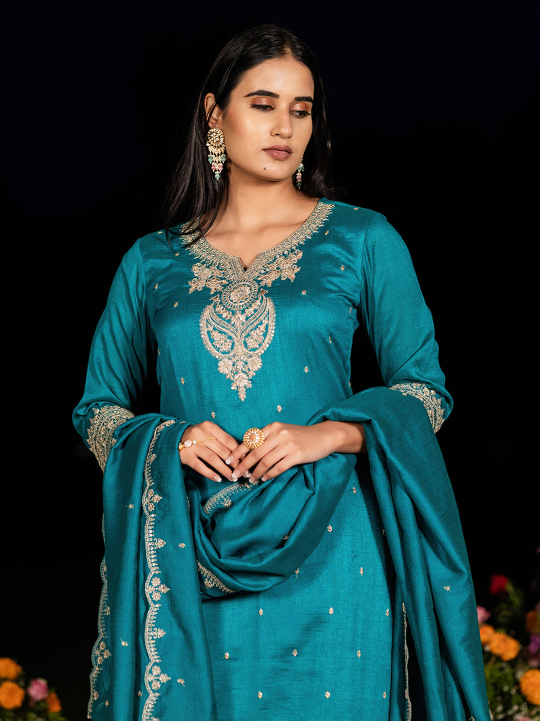 Teal Blue Chinon Zari Embroidered Kurta with Palazzo and Dupatta Set