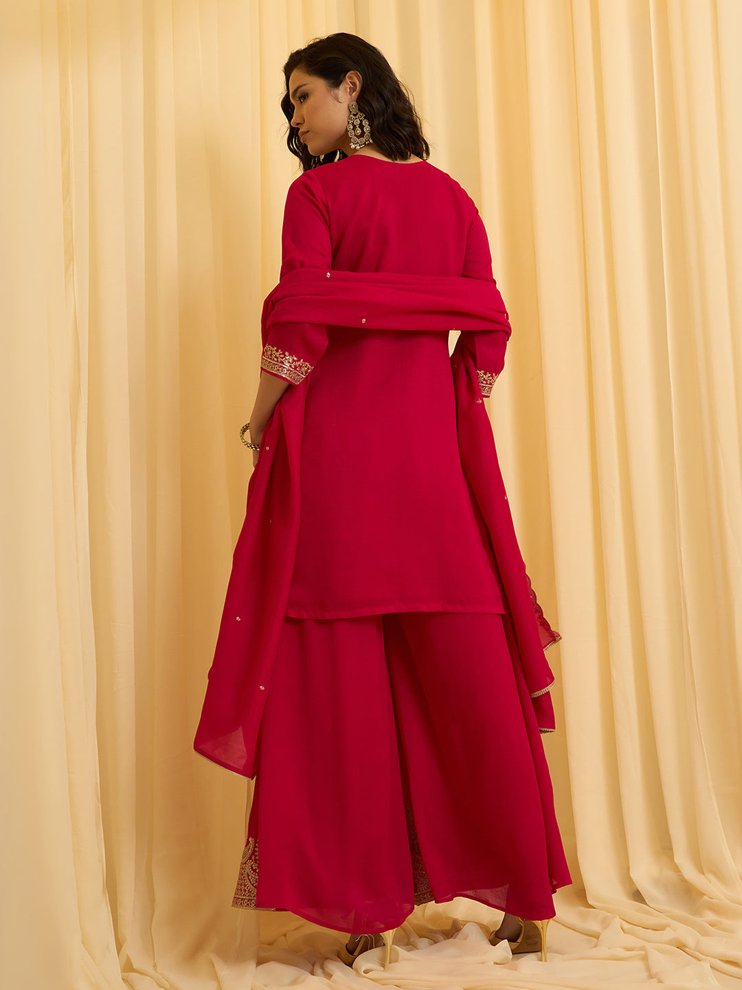 Red Vichitra Zari Sequence Embroidered and Cording Kurta With Palazzo And Dupatta Set