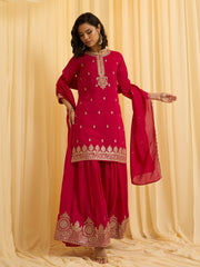 Red Vichitra Zari Sequence Embroidered and Cording Kurta With Palazzo And Dupatta Set