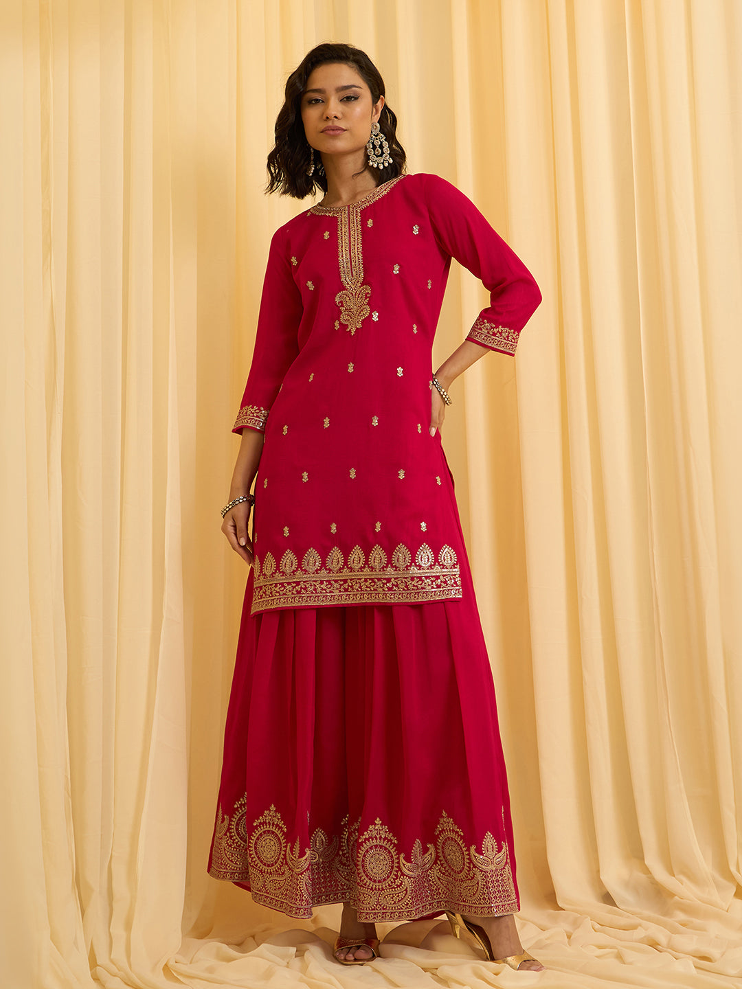 Red Vichitra Zari Sequence Embroidered and Cording Kurta With Palazzo And Dupatta Set