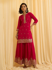 Red Vichitra Zari Sequence Embroidered and Cording Kurta With Palazzo And Dupatta Set