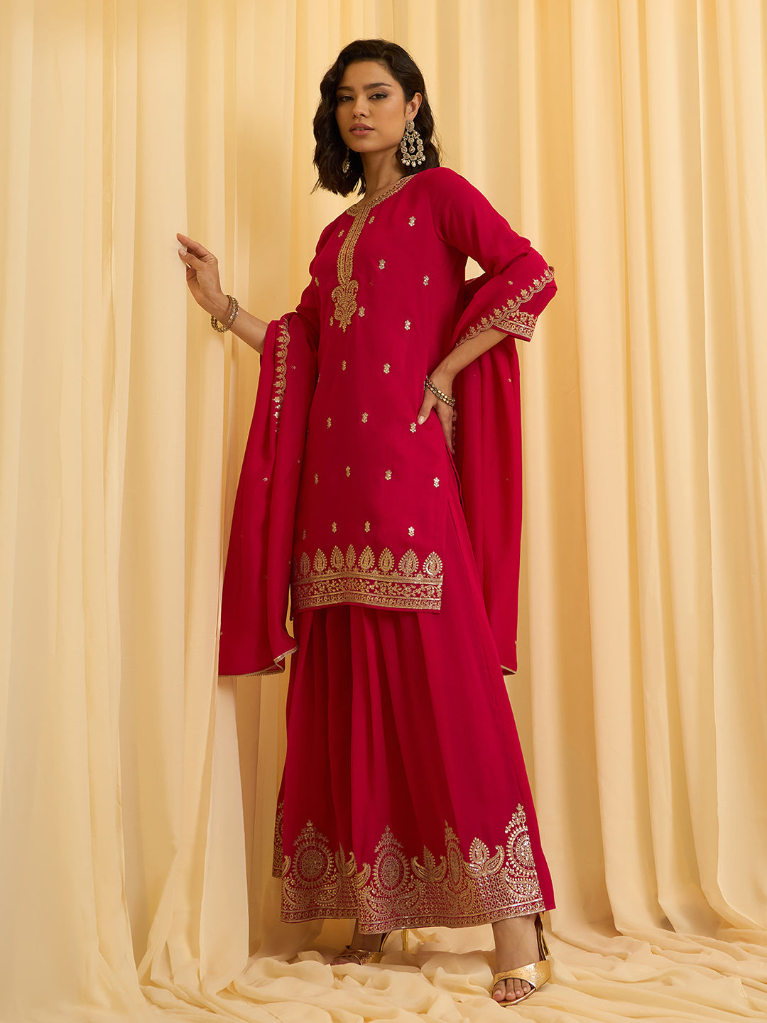 Red Vichitra Zari Sequence Embroidered and Cording Kurta With Palazzo And Dupatta Set
