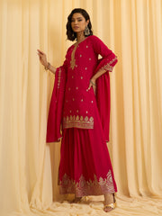 Red Vichitra Zari Sequence Embroidered and Cording Kurta With Palazzo And Dupatta Set