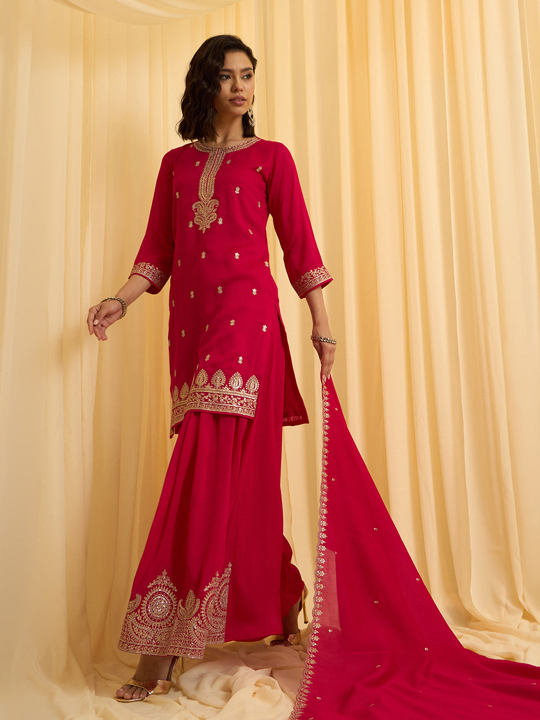 Red Vichitra Zari Sequence Embroidered and Cording Kurta With Palazzo And Dupatta Set