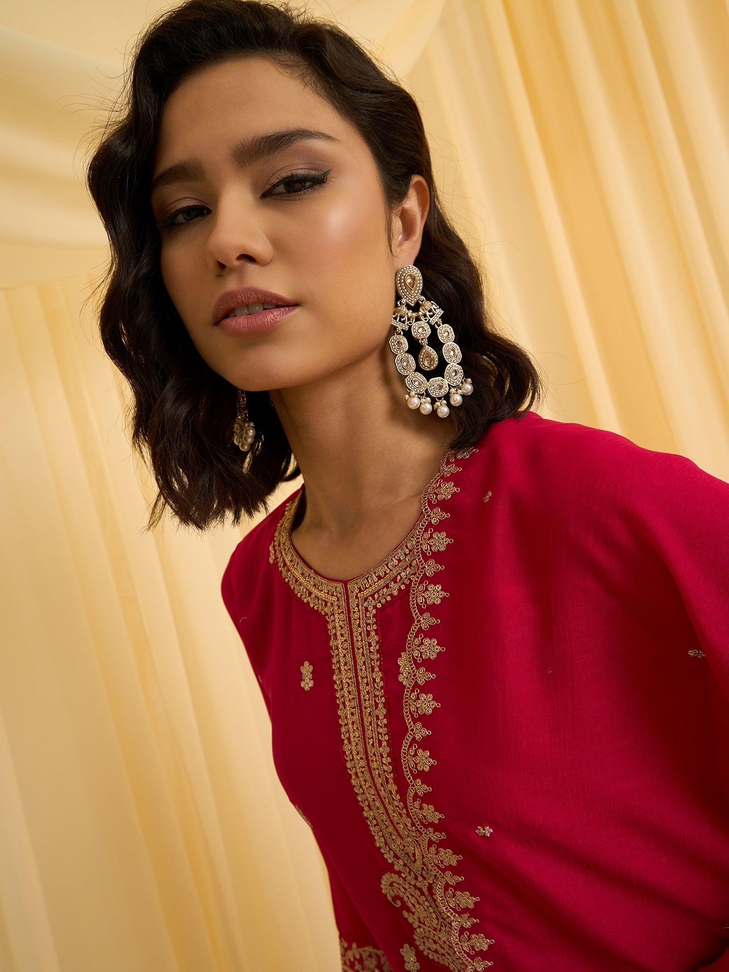 Red Vichitra Zari Sequence Embroidered and Cording Kurta With Palazzo And Dupatta Set