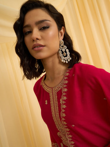 Red Vichitra Zari Sequence Embroidered and Cording Kurta With Palazzo And Dupatta Set