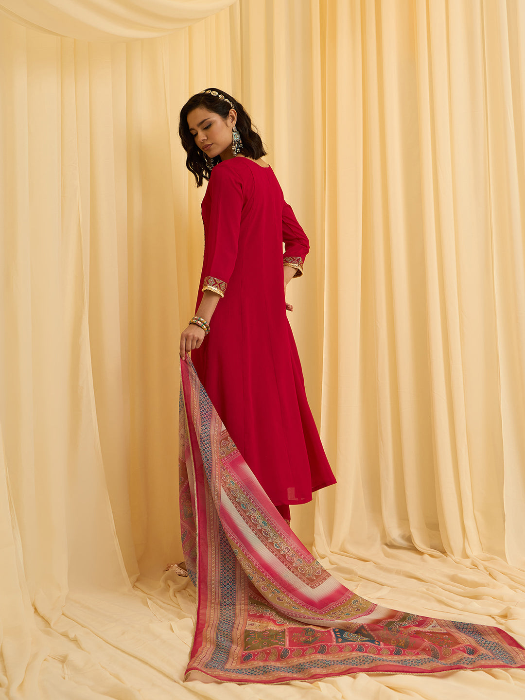 Red Chinon Zari Sequence Thread Embroidered Coding With Gotta Patti Lace Kurta With Pant And Dupatta Set